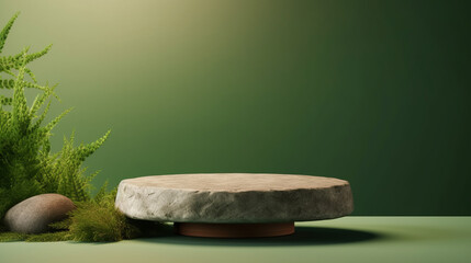 Green background podium product platform for nature beauty cosmetic stage scene. Abstract rock podium pedestal mockup with green leaf shadow. Photography showcase fresh banner. Generative AI