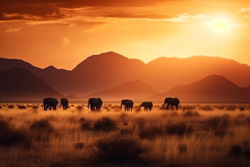 Fototapeta na wymiar Savanna animal silhouettes on sunset. Wildlife african illustration. generative ai.