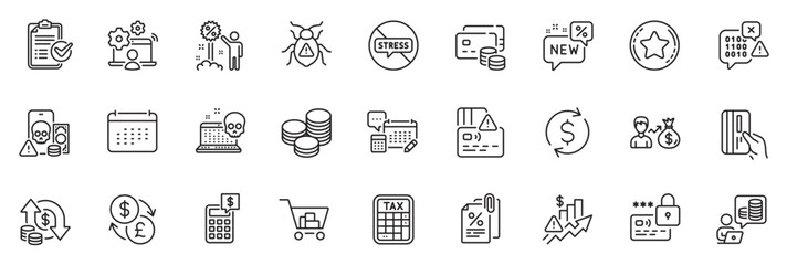 Icons pack as New, Binary code and Tax calculator line icons for app include Online job, Card, Account outline thin icon web set. Money, Rise price, Loyalty star pictogram. Salary. Vector