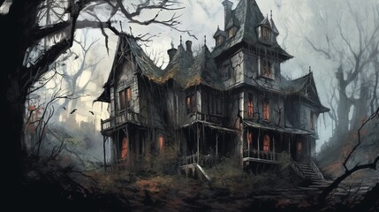 A creepy abandoned mansion with creaky doors. Dark fantasy concept, in the style of painting. Generative AI