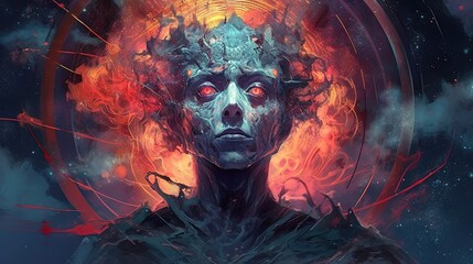 A cosmic entity manifesting as a grotesque, nightmarish being, haunting the dreams and realities of space travelers. Dark fantasy concept, in the style of painting. Generative AI