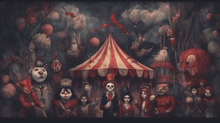 A creepy circus with sinister performers. Dark fantasy concept, in the style of painting. Generative AI - obrazy, fototapety, plakaty