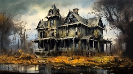 A creepy abandoned mansion with creaky doors. Dark fantasy concept, in the style of painting. Generative AI
