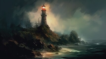 A creepy lighthouse on a rocky coast. Dark fantasy concept, in the style of painting. Generative AI