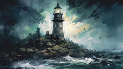 A creepy lighthouse on a rocky coast. Dark fantasy concept, in the style of painting. Generative AI
