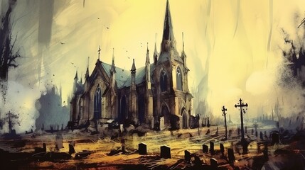 A creepy old church with a graveyard. Dark fantasy concept, in the style of painting. Generative AI