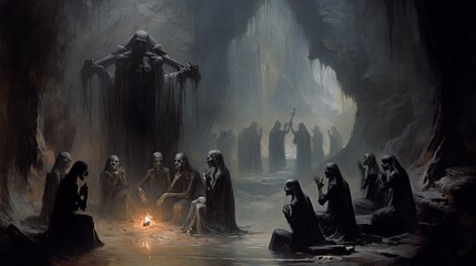 A cult performing a dark ritual in a cave. Dark fantasy concept, in the style of painting. Generative AI