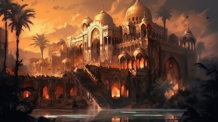 A cursed Arabian palace with hauntingly beautiful architecture. Dark fantasy concept, in the style of painting. Generative AI