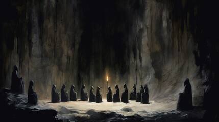 A cult performing a dark ritual in a cave. Dark fantasy concept, in the style of painting. Generative AI