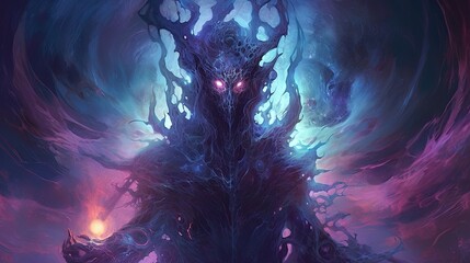 A cosmic entity manifesting as a grotesque, nightmarish being, haunting the dreams and realities of space travelers. Dark fantasy concept, in the style of painting. Generative AI