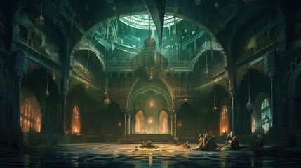 A cursed Arabian palace with hauntingly beautiful architecture. Dark fantasy concept, in the style of painting. Generative AI