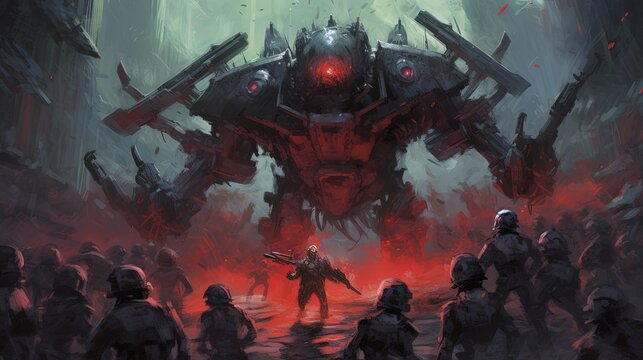 A cybernetically-enhanced soldier fighting a horde of robots. Dark fantasy concept, in the style of painting. Generative AI