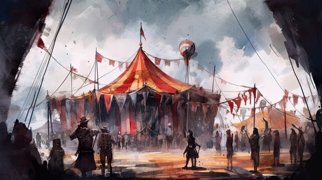 A creepy circus with sinister performers. Dark fantasy concept, in the style of painting. Generative AI