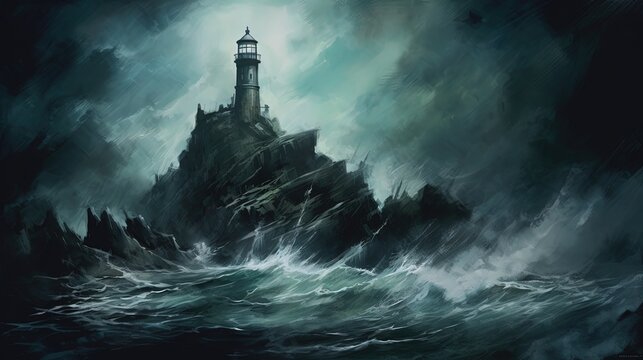 A creepy lighthouse on a rocky coast. Dark fantasy concept, in the style of painting. Generative AI