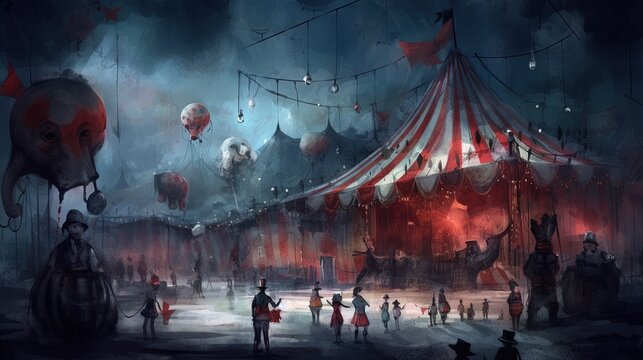 A creepy circus with sinister performers. Dark fantasy concept, in the style of painting. Generative AI