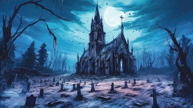 A creepy old church with a graveyard. Dark fantasy concept, in the style of painting. Generative AI
