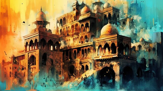 A cursed Arabian palace with hauntingly beautiful architecture. Dark fantasy concept, in the style of painting. Generative AI