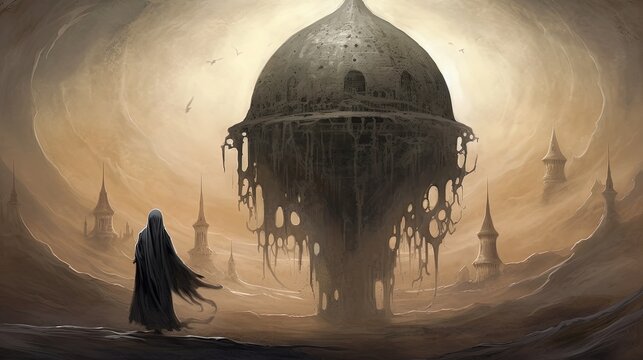 A cursed Arabic artifact corrupting the souls of those who possess it. Dark fantasy concept, in the style of painting. Generative AI
