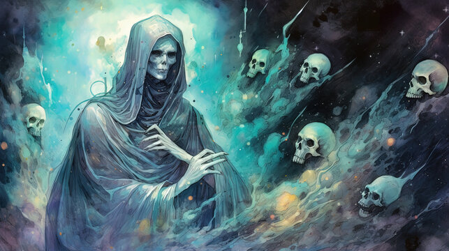 A cosmic entity manifesting as a grotesque, nightmarish being, haunting the dreams and realities of space travelers. Dark fantasy concept, in the style of painting. Generative AI