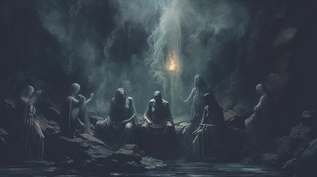 A cult performing a dark ritual in a cave. Dark fantasy concept, in the style of painting. Generative AI
