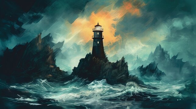 A creepy lighthouse on a rocky coast. Dark fantasy concept, in the style of painting. Generative AI