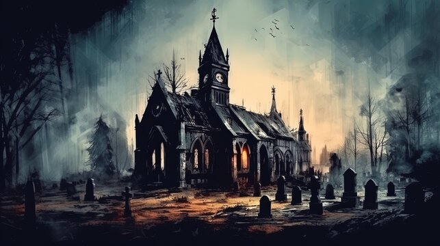 A creepy old church with a graveyard. Dark fantasy concept, in the style of painting. Generative AI