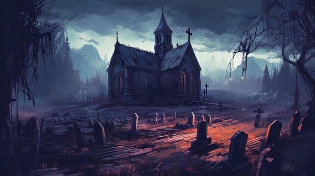 A creepy old church with a graveyard. Dark fantasy concept, in the style of painting. Generative AI