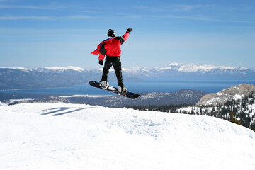 Snowboarder enjoying a view at Lake Tahoe, California