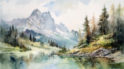 Fototapeta na wymiar illustration of the alps with beautiful lake in front of it, watercolor masterpiece,Generative AI.