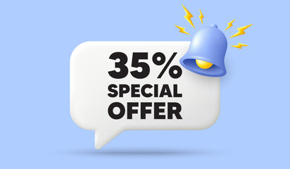 35 percent discount offer tag. 3d speech bubble banner with bell. Sale price promo sign. Special offer symbol. Discount chat speech message. 3d offer talk box. Vector