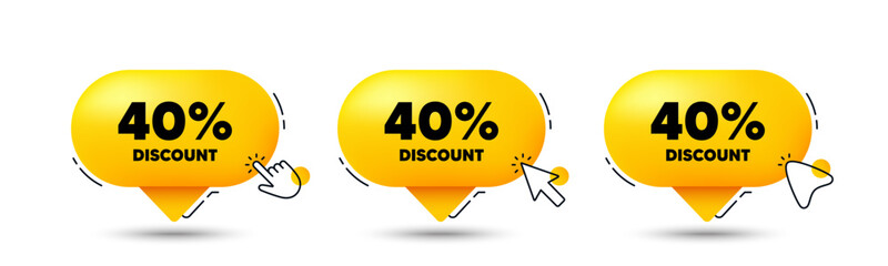 40 percent discount tag. Click here buttons. Sale offer price sign. Special offer symbol. Discount speech bubble chat message. Talk box infographics. Vector