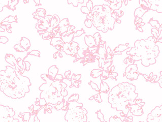 Floral seamless pattern with cotton blossom flowers, endless texture, ink sketch art. Vector illustration for wedding invitations, wallpaper, textile, wrapping paper