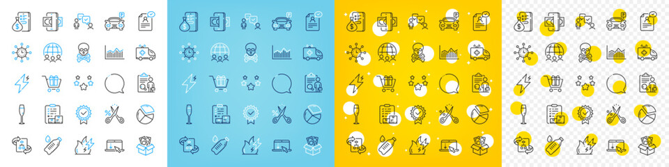 Vector icons set of Power, Fire energy and Champagne glass line icons pack for web with Money, Chemical hazard, Global business outline icon. Inspect, Stars, Ambulance car pictogram. Vector