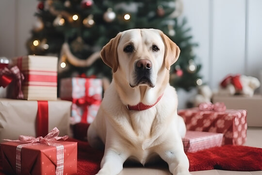 Merry Christmas and a Happy New Year, happy dog Labrador sits in Santa Claus hat, generative AI.