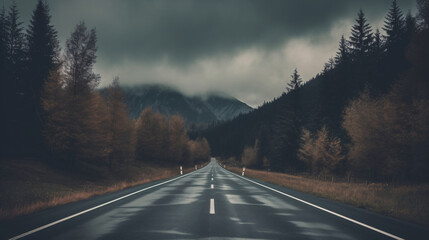 A long road with trees cloaked in darkness shrouded by gray clouds leads to an imposing mountain.