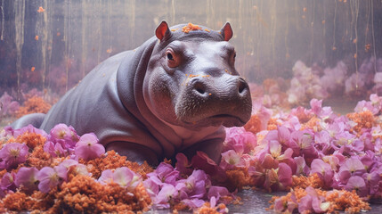 Hippopotamus Surrounded by Beautiful Flowers in a Muted Pastel Aesthetic with Surrealism Elements - Dreamy Background - Generative AI