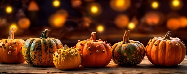 Festive autumn decor of pumpkins, on wooden table. Wide banner concept of Thanksgiving day or Halloween, generative ai - obrazy, fototapety, plakaty