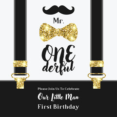 First birthday for little boy, turning one, vector illustration with mustache and sparkle golden glitter, smoking jacket, suspender