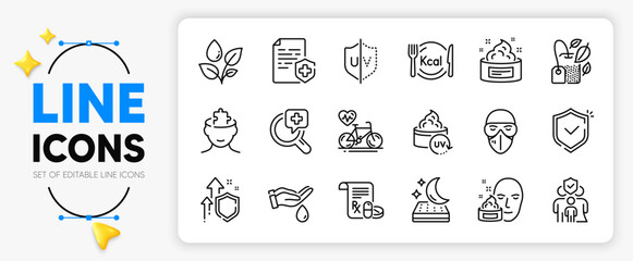 Wash hands, Medical prescription and Improving safety line icons set for app include Uv protection, Mattress, Medical analyzes outline thin icon. Family insurance, Shield. Vector