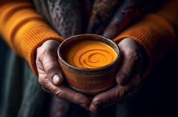 Homeless person holding bowl of pumpkin soup, charity concept, Thanksgiving donations, generative ai