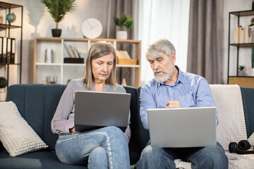 Serious mature people in casual clothes using laptops while spending time in cozy environment at home. Elderly family man and wife reading online article on digital screen while sitting on couch.
