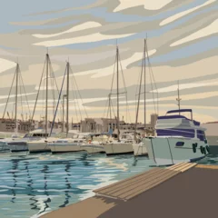 Fotobehang Boats are moored in the marina. Yachts moored in the evening harbor. Sea landscape with boats. © Sergio