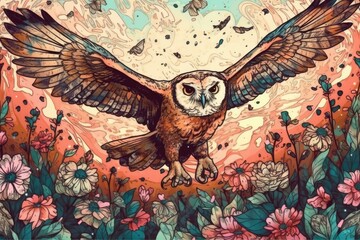 A beautiful flying owl on a spring field with wildflowers. (Generative AI)
