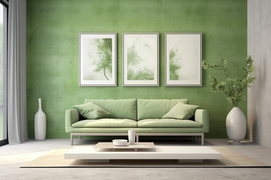 Human-enhanced mockup of modern, minimalist interior with green tones. (Generative AI)