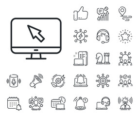 Mouse cursor sign. Place location, technology and smart speaker outline icons. Computer or Monitor icon. Personal computer symbol. Internet line sign. Influencer, brand ambassador icon. Vector