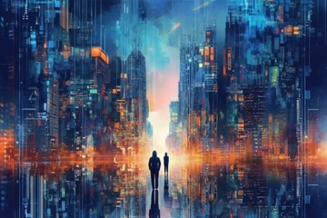 Silhouettes of people in between skyscrapers in a dystopian high-tech cityscape. Technology and digitalization concept. Generative AI