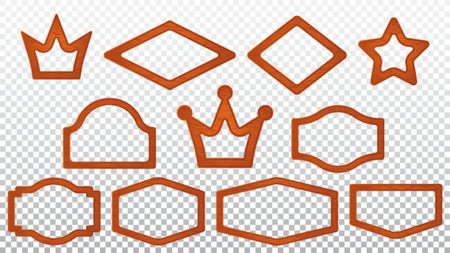 Crown orange wood game avatar frame cartoon vector. Photo banner icon design for rustic ui interface. Rhombus and star rank piece graphics element set. Blank app level signboard plate illustration