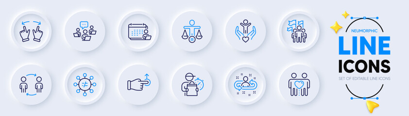 Ethics, Discrimination and Drag drop line icons for web app. Pack of Teamwork, Recruitment, Friends couple pictogram icons. Accounting, Move gesture, Delivery man signs. Volunteer. Vector