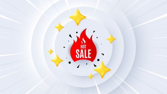 Hot sale banner. Neumorphic offer 3d banner, coupon. Discount sticker shape. Coupon tag icon. Hot sale promo event background. Sunburst banner, flyer or poster. Vector