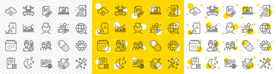 Outline Capsule pill, Online statistics and Calendar line icons pack for web with Internet book, Doctor, Cloud computing line icon. Mental health, Voicemail, Wifi pictogram icon. Moon. Vector